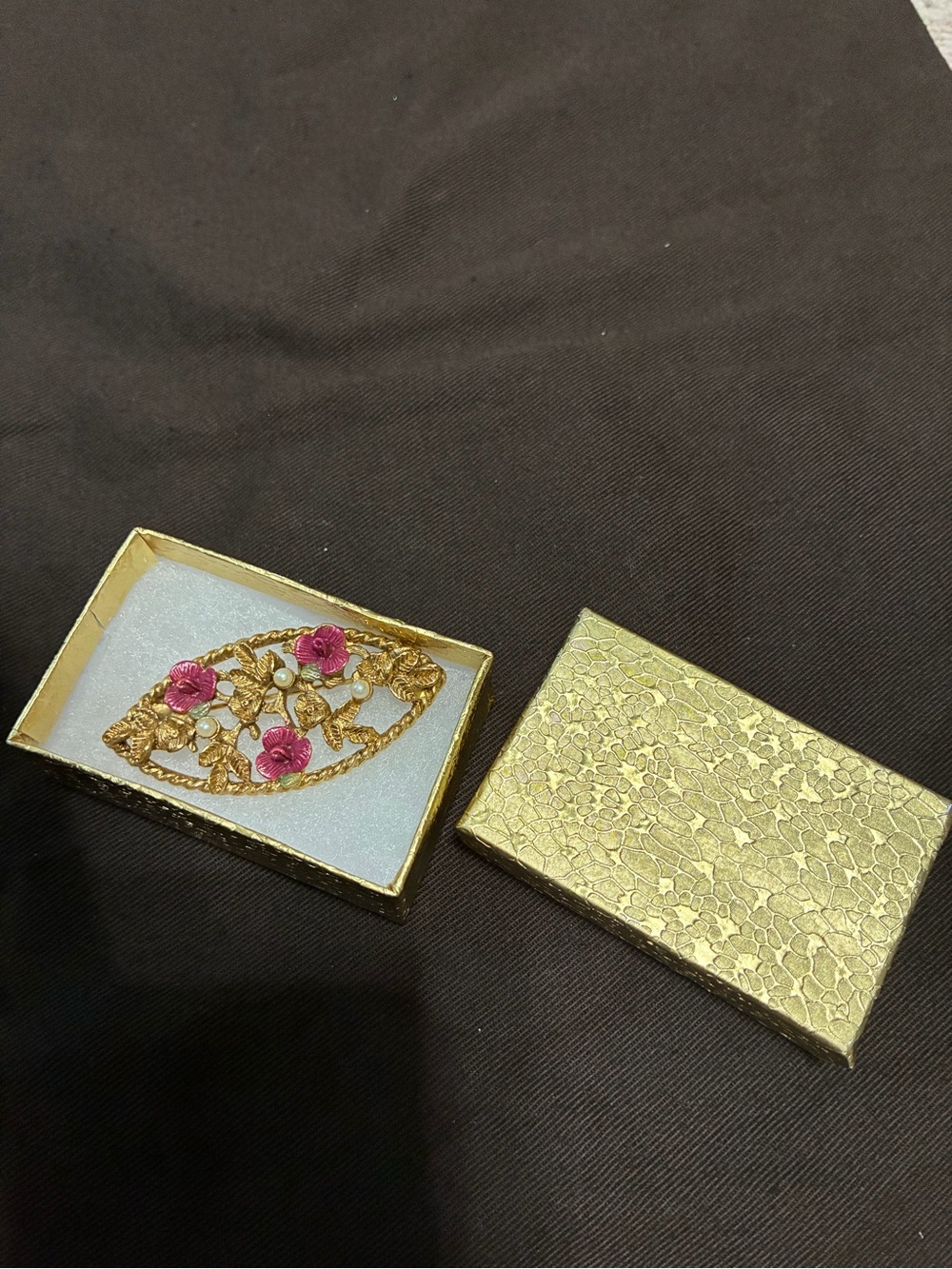 Vintage Gold Floral Rhinestone Brooch with Pink Flowers